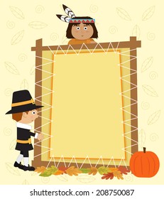 Thanksgiving Note - Cute Pilgrim and Indian are standing next to a blank decorative banner. Eps10
