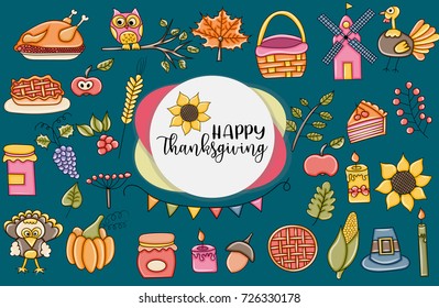 Thanksgiving objects and characters. Doodle icon stickers. Print out vector illustration.