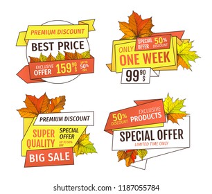 Thanksgiving offer only week at holidays. Price promotional labels with maple leaves, oak foliage autumn symbols advert emblems isolated vector