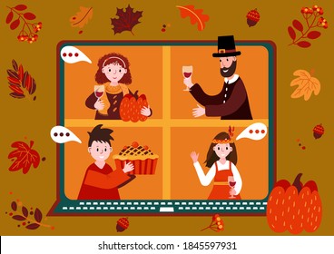 Thanksgiving online party. Virtual meet group to celebrate festival. People in Pilgrim and Indian costume have video conference from home. Friends spend time together on video call. New normal life.