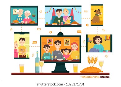 Thanksgiving Online. People Using Video Conference Service For Collective Holiday Virtual Celebration, Dinner Online With Family From Home. New Normal Thanksgiving Celebrate. Vector Illustration.