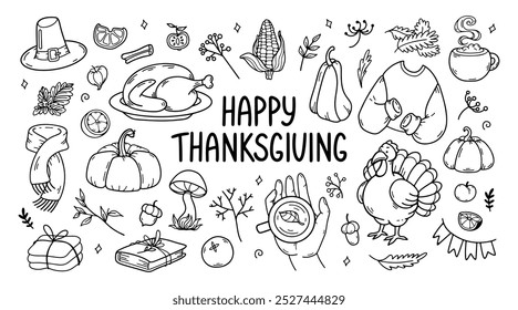 Thanksgiving outline doodle big set. Autumn collection of hand drawn icons. Autumn leaves, turkey, hot chocolate, traditional food, corn, pumpkin, scarf, mug, pilgrim hat. Harvest vector illustration.