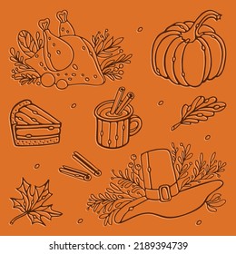 Ilustración vectorial del conjunto de doodles de la línea de acción de Gracias. Calabaza, pavo asado, taza de té de canela, sombrero de peregrino, torta, hojas aisladas en el fondo naranja para el diseño Tarjeta de saludo de otoño
