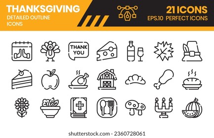 Thanksgiving (outline) icons set. The element collection includes be used in social media posts, web design, app design, and more.