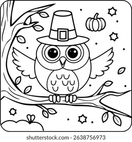 Thanksgiving Owl on Tree Coloring Page