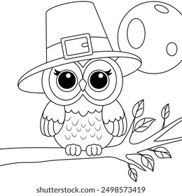 Thanksgiving Owl Wearing Pilgrim Hat outline coloring page. Thanksgiving hand drawn colouring 