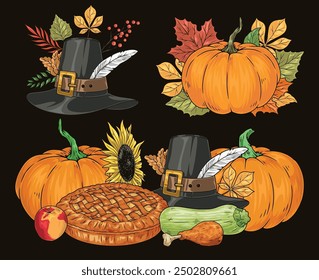 Folletos coloridos con calabazas en hojas de otoño y sombreros tradicionales de peregrino decorados con Ilustración vectorial de plumas de pavo