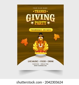 Thanksgiving Party Flyer Design With Cartoon Turkey Bird And Pie Cake On Brown Wooden Texture Background.