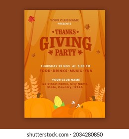 Thanksgiving Party Flyer Design With Pumpkins, Corn, Wheat Ear And Roasted Chicken On Orange Background.