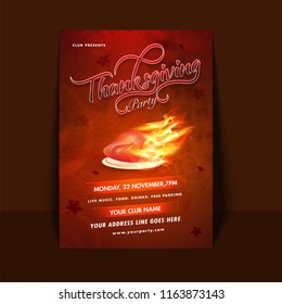 Thanksgiving Party Flyer Or Invitation Card Design With Illustration Of Chicken Between Flame, Date, Time And Venue Details On Brown Background.