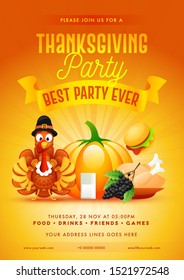 Thanksgiving Party invitation card design with turkey bird, pumpkin, chicken and event details on orange background.