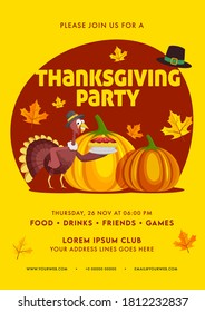Thanksgiving Party Invitation, Flyer Design with Event Details in Yellow and Red Color.