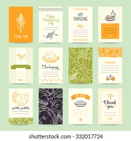 Thanksgiving party invitation and greeting card, flyer, banner, poster templates. Hand drawn traditional symbols, cute design elements, handwritten ink lettering. Orange and green vector collection.