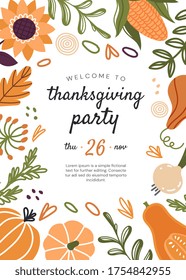 Thanksgiving party invitation for November 26th with text surrounded in a frame of seasonal autumn vegetables, colored vector illustration