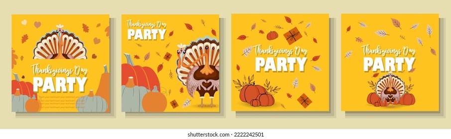 Thanksgiving party square banner set. Cool thanksgiving turkey. Party invitation.