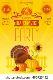 Thanksgiving party vector illustration. Autumn thanksgiving festival invitation with elegant holiday symbols - turkey bird, pumpkin, sunflower, fruits. Modern elegant seasonal banner.