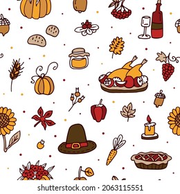 thanksgiving pattern. thanksgiving america pattern.vector thanksgiving pattern seamless pattern. American thanksgiving dinner set of symbols on white. print for wallpaper, wrapping, packing, backdrop.