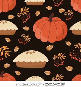 Thanksgiving pattern with autumnal pumpkins, pies and fall leaves on black background. Traditional symbols of thanksgiving in vector flat style. For holiday decor, prints, wrapping paper.