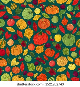 Thanksgiving pattern. Hand drawn pumpkins, autumn icons isolated on blue background. Thanksgiving day greeting card template. Colorful holiday backdrop, traditional Thanksgiving color leaves fall.
