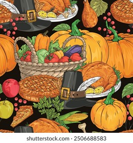 Thanksgiving pattern seamless colorful with rich harvest vegetables and fruits and roast turkey with pie near pilgrim hat vector illustration