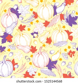 Thanksgiving pattern in sketch style with pumpkins, autumn maple leaves and apples. Seamless vintage background texture. Vector harvest backdrop for fall season design.