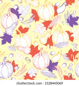 Thanksgiving pattern in sketch style with pumpkins, autumn maple leaves and apples. Seamless vintage background texture. Vector harvest backdrop for fall season design.