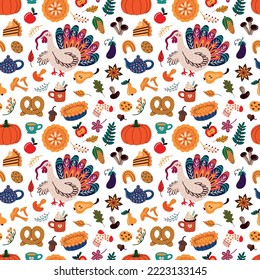 Thanksgiving pattern with Turkey and autumn food. Vector illustration