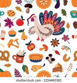 Thanksgiving pattern with Turkey and autumn food. Vector illustration