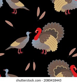 Thanksgiving-Muster mit Puten auf schwarzem Hintergrund.