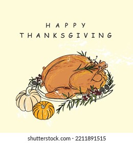 Thanksgiving pepper roasted whole turkey garnished with blackberry, pink peppercorn, and mini pumpkins. Vintage cutlery setting fallen leaves and fruits. Greetings and postcard line art.Family gathers