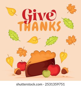 Thanksgiving pie and apples with colorful autumn leaves, Vector