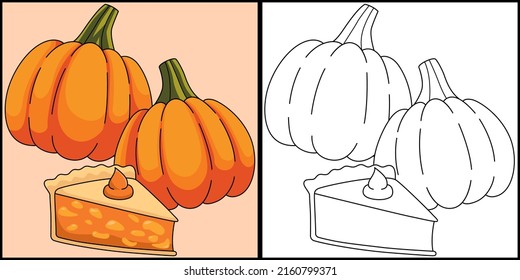 Thanksgiving Pie And Pumpkins Colored Illustration