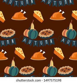 Thanksgiving pie and turkey in a. vector seamless pattern, perfect to use on the web or in print, for surface design