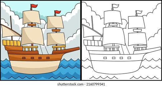 Thanksgiving Pilgrim Boat Coloring Illustration