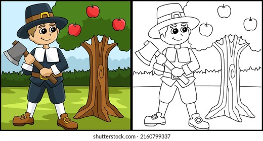 Thanksgiving Pilgrim Boy Holding Axe Illustration