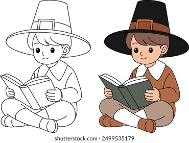 Thanksgiving Pilgrim Boy Reading Book Outline Coloring Page 