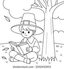 Día de Acción de Gracias Niño Peregrino Leyendo Libro Bajo El Árbol Esquema Página para Colorear	