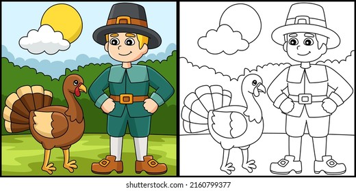 Thanksgiving Pilgrim Boy With Turkey Illustration