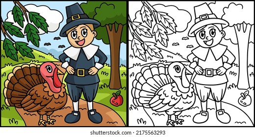 Thanksgiving Pilgrim Boy And Turkey Illustration