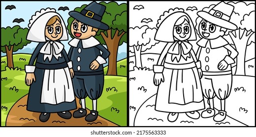 Thanksgiving Pilgrim Couple Coloring Illustration