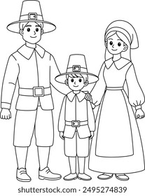 Thanksgiving pilgrim family outline coloring page