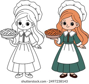 Thanksgiving pilgrim girl cartoon holding pies outline coloring page. Thanksgiving hand drawn colouring 