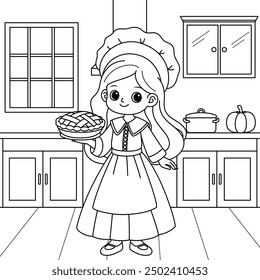 Thanksgiving pilgrim girl cartoon holding pies in the kitchen outline coloring page. Thanksgiving hand drawn colouring	