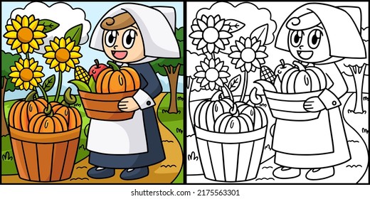 Thanksgiving Pilgrim Girl Colored Illustration