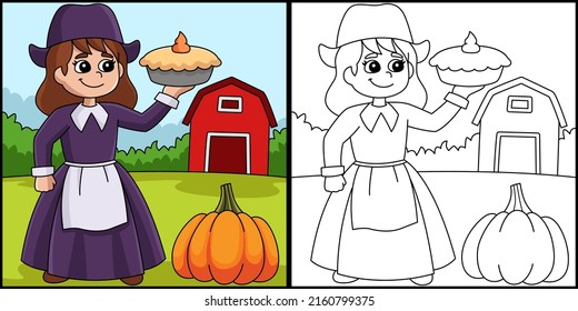 Thanksgiving Pilgrim Girl Holding Pie Illustration