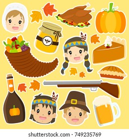 Thanksgiving Pilgrim and Native American characters and items sticker set. Thanksgiving cartoon vector collection