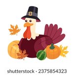 Thanksgiving pilgrim turkey in pumpkins fall 2D cartoon character. Wearing hat capotain poultry fowl isolated vector animal white background. Harvest autumn celebrate color flat spot illustration