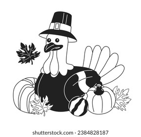 Thanksgiving pilgrim turkey in pumpkins fall black and white 2D cartoon character. Wearing hat capotain poultry fowl isolated vector outline animal. Harvest autumn monochromatic flat spot illustration