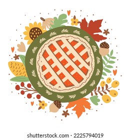Thanksgiving-Teller mit Thanksgiving-Kuchen, Herbst Ahornblätter, Sonnenblumen, Beeren einzeln dekorative Element Happy Thanksgiving traditionellen Abendessen. Vektorkürbissuchenkürbis zur Illustration.