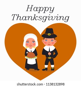 Thanksgiving postcard. Cartoon pilgrim kids. Colorful hand drawn vector illustration of a boy and a girl wearing pilgrim cloths.